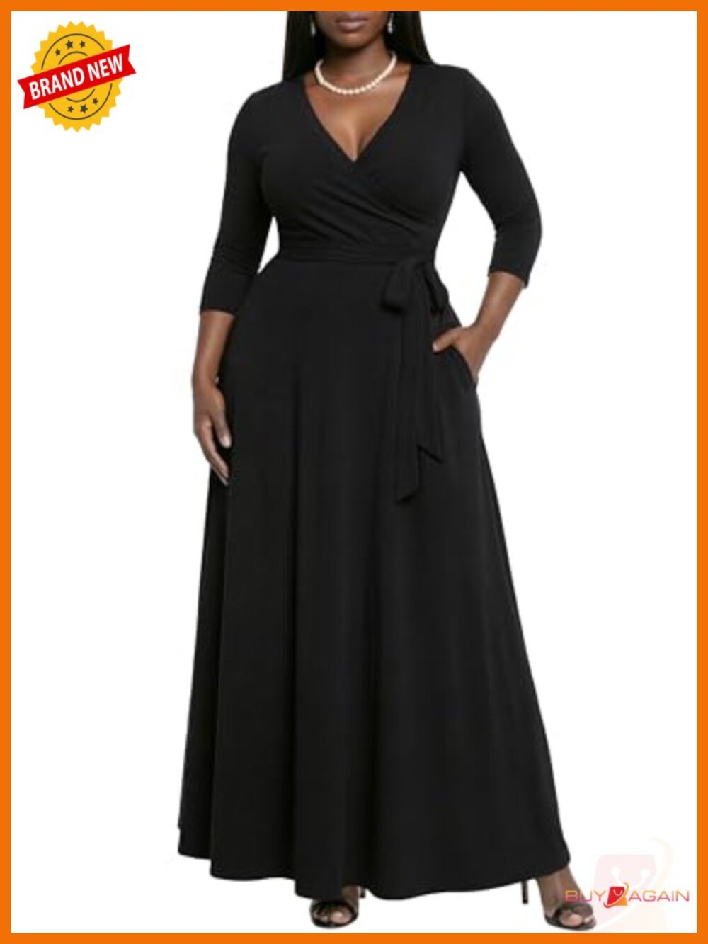 Women's Maxi Dress Summer Casual Wrap Tie Waist 3/4 Sleeve Long